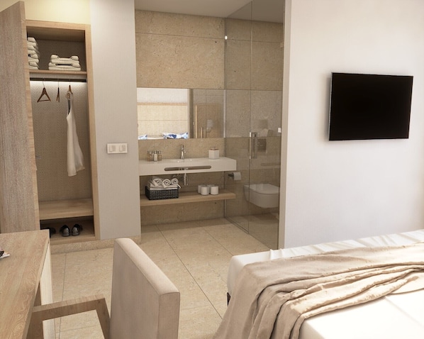 Chambre Double Deluxe, balcon | Salle de bain | Ensemble douche/baignoire, sèche-cheveux, serviettes fournies