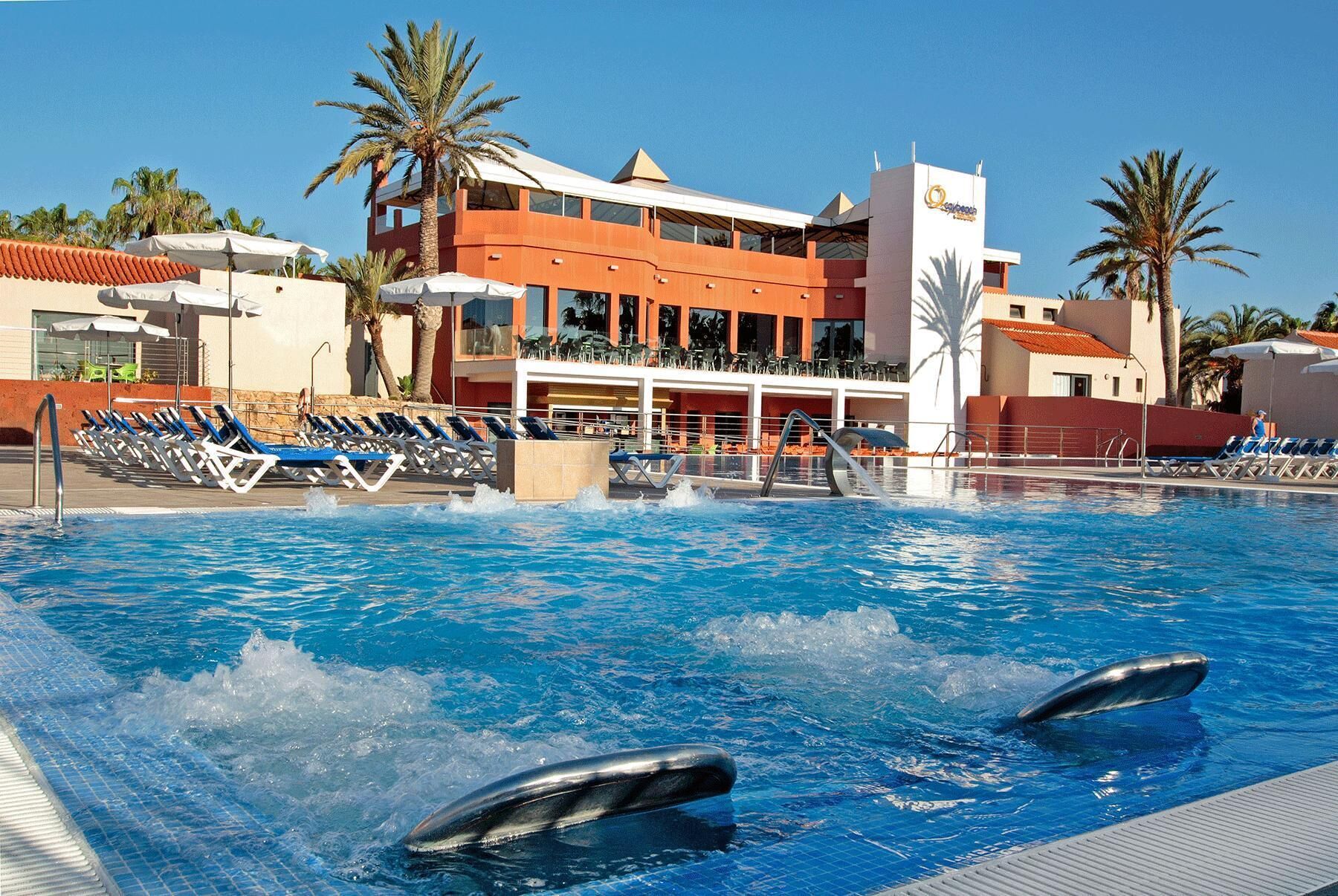 Una piscina con delfines, sillones de descanso y un edificio de fachada roja.
