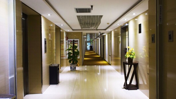 Un couloir d’hôtel moderne, avec un sol brillant, un lustre et des plantes en pot.