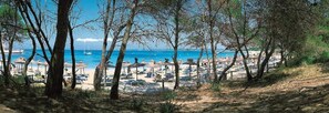 Une plage avec des parasols et des chaises longues, des arbres et une mer d’un bleu limpide.