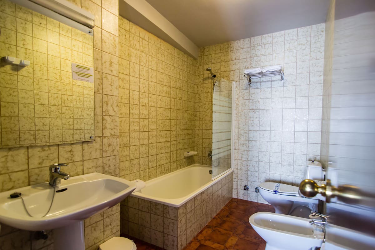 double room (top floor) | bathroom | free toiletries, hair dryer, bidet, towels