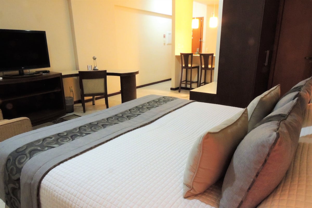 Una habitación de hotel con cama, televisión, escritorio y silla.
