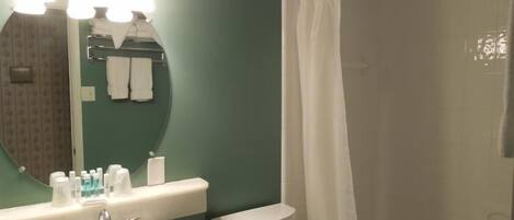 Une salle de bain avec un lavabo, un miroir et des toilettes. On peut voir des articles de toilette sur le lavabo, et un rideau de douche est visible.