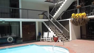 Seasonal outdoor pool, sun loungers