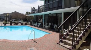 Seasonal outdoor pool, pool loungers