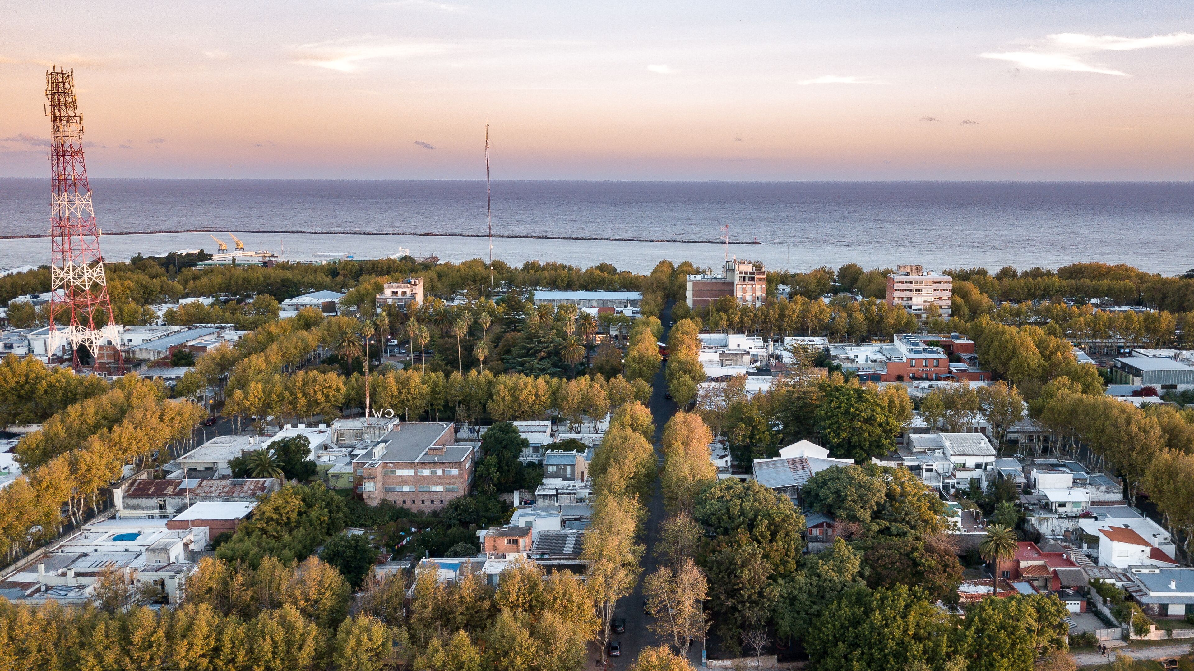An aerial view of a coastal town with residential buildings, a prominent communication tower, and a view of the sea.