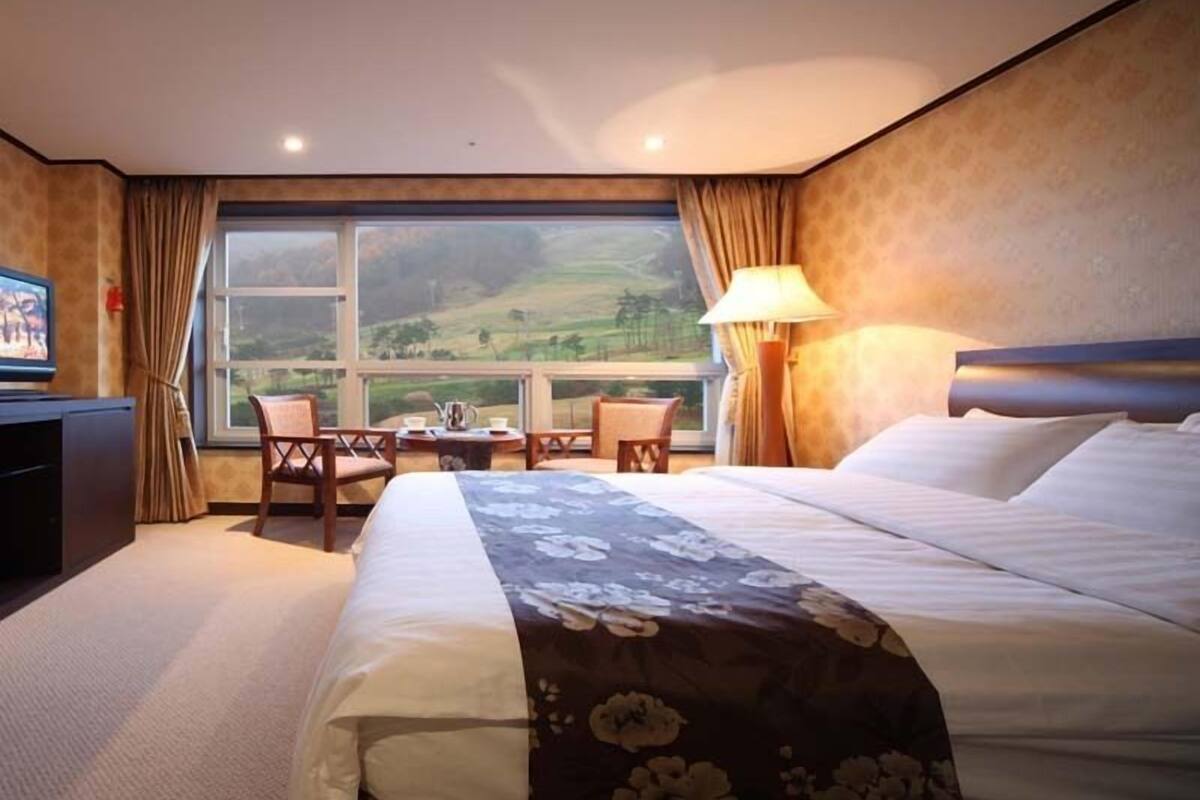 A hotel room with a large bed, a desk with a chair, a television, and a view of a green landscape through a large window.