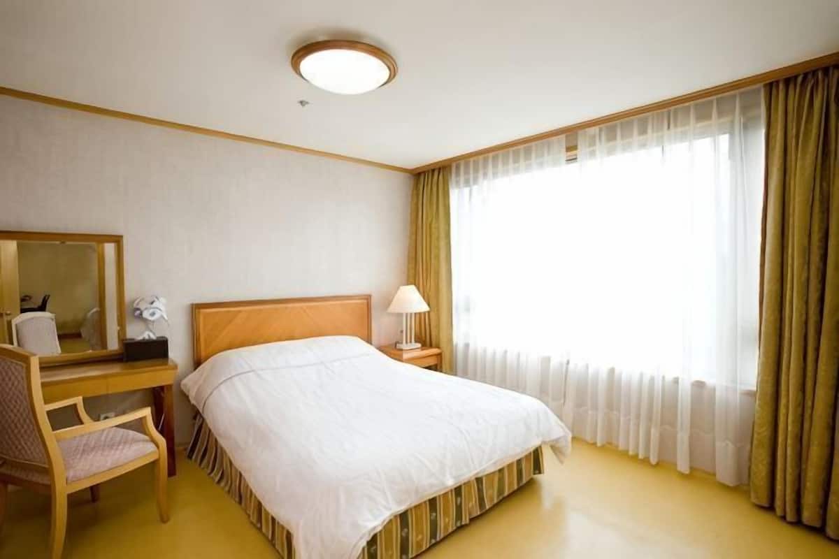 Une chambre d’hôtel comprenant un lit, un bureau avec une chaise, un miroir, une lampe et une grande fenêtre avec des rideaux.