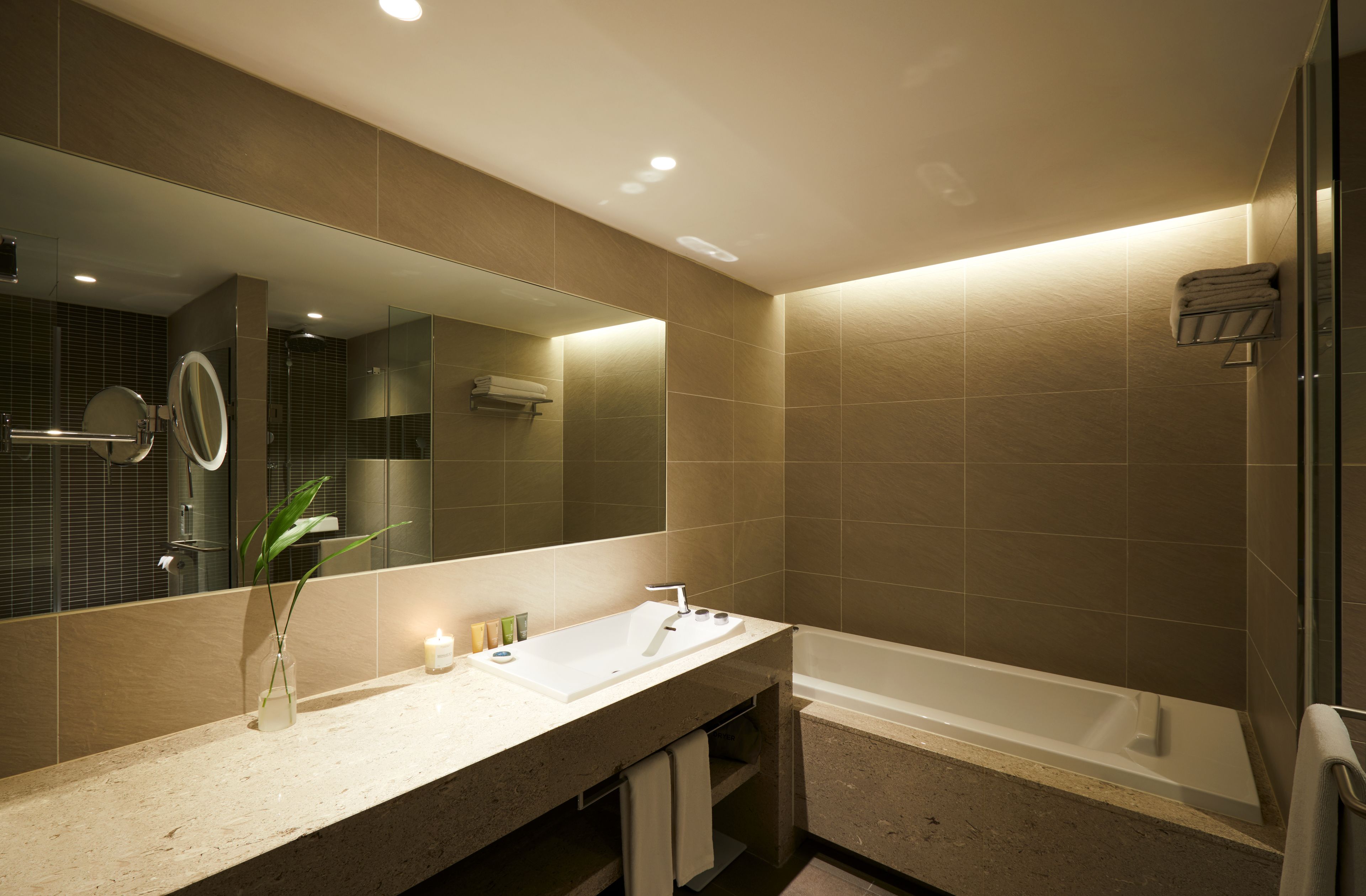 shower, rainfall showerhead, designer toiletries, hair dryer