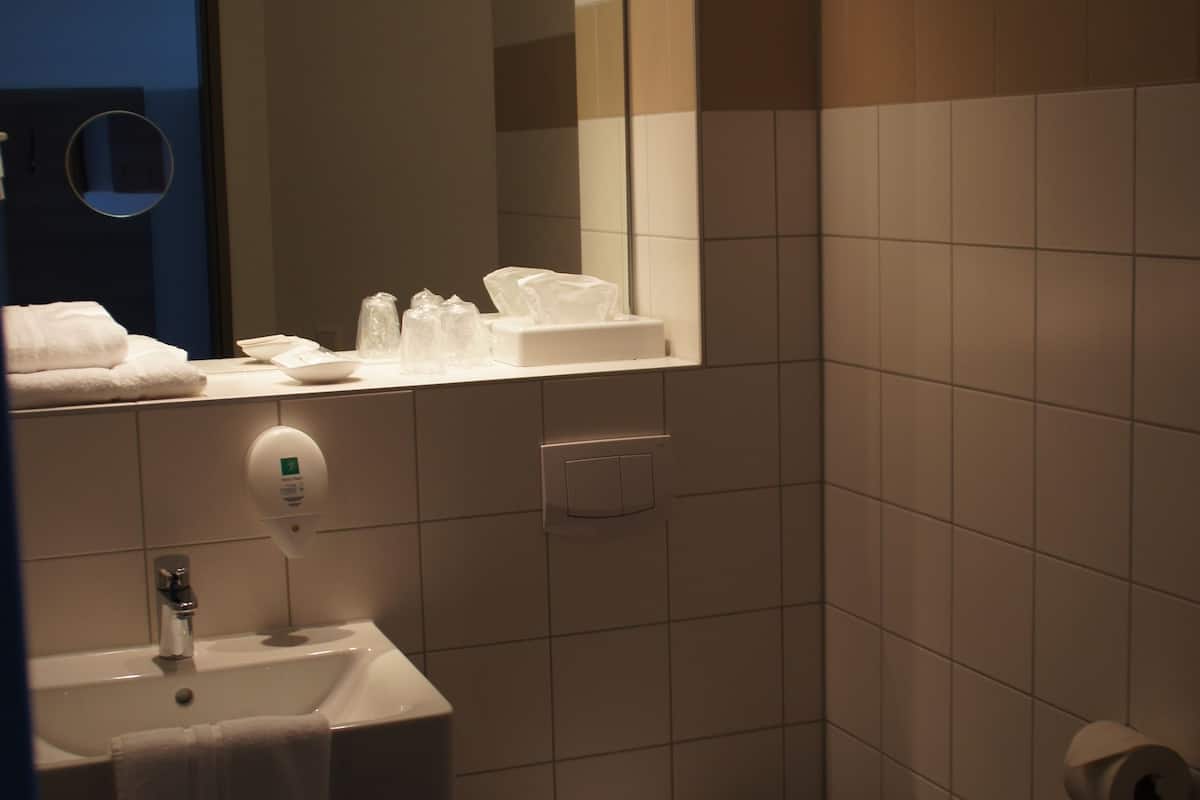 shower, free toiletries, hair dryer, towels