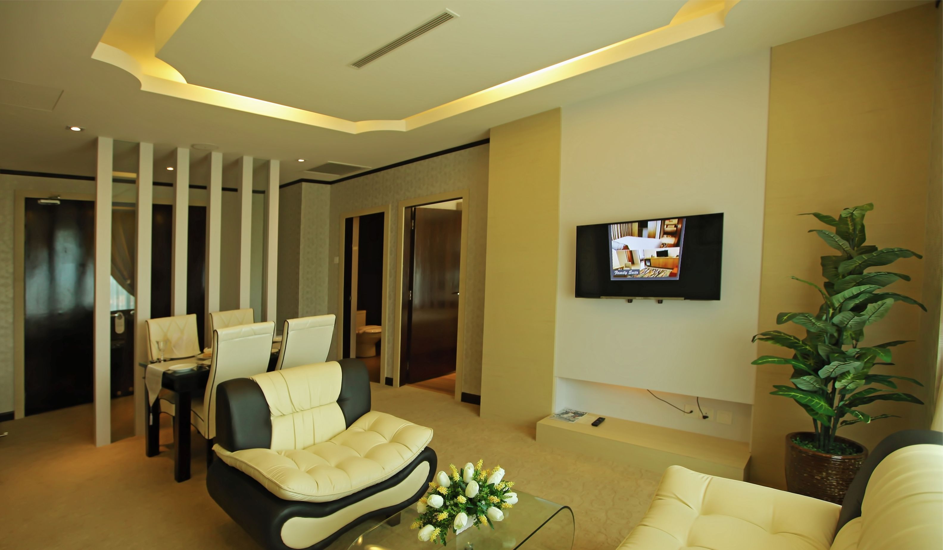A modern living room with a sofa, chairs, a television, and a potted plant.