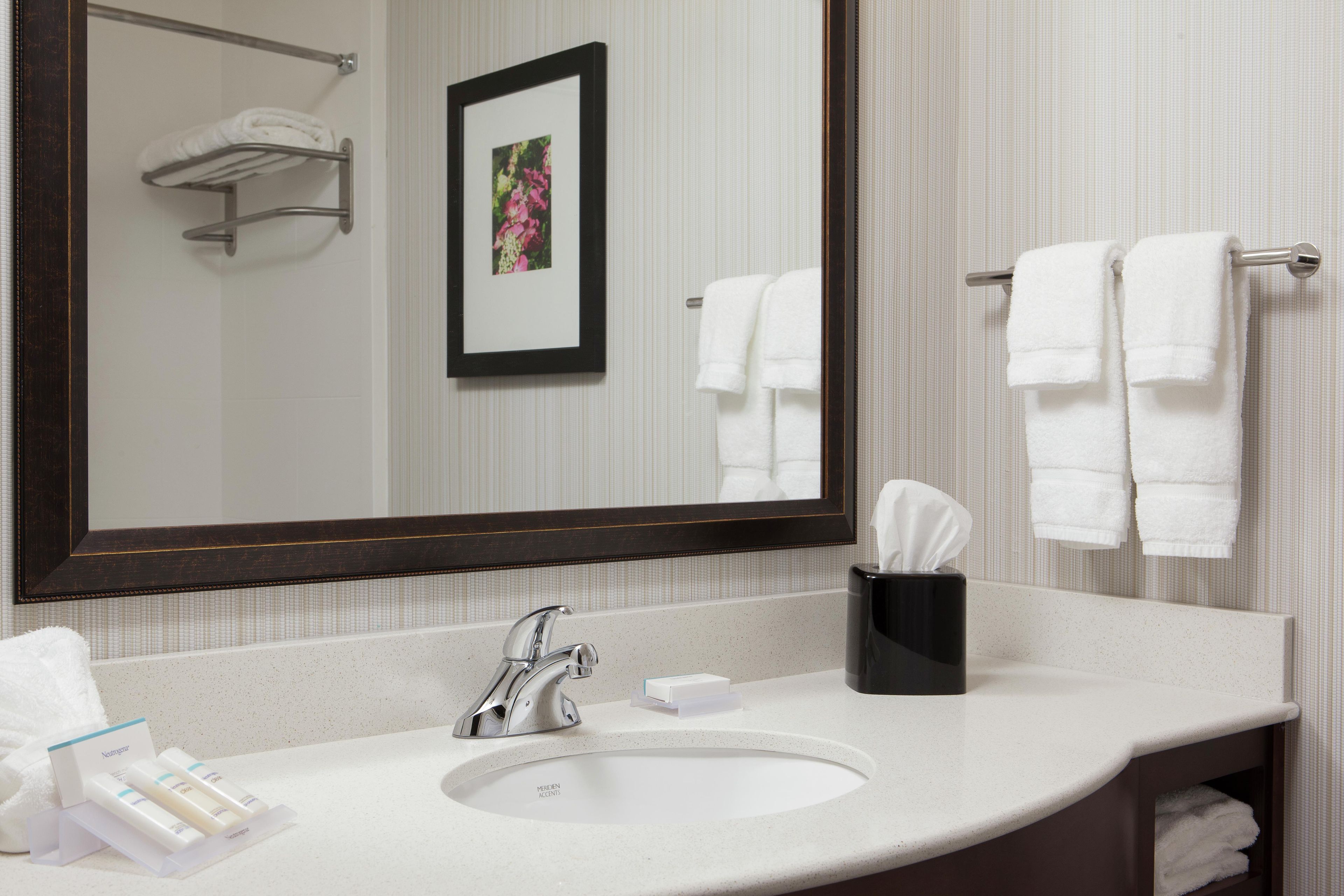 A hotel bathroom with a large mirror, a sink, a towel rack, and a framed picture on the wall.