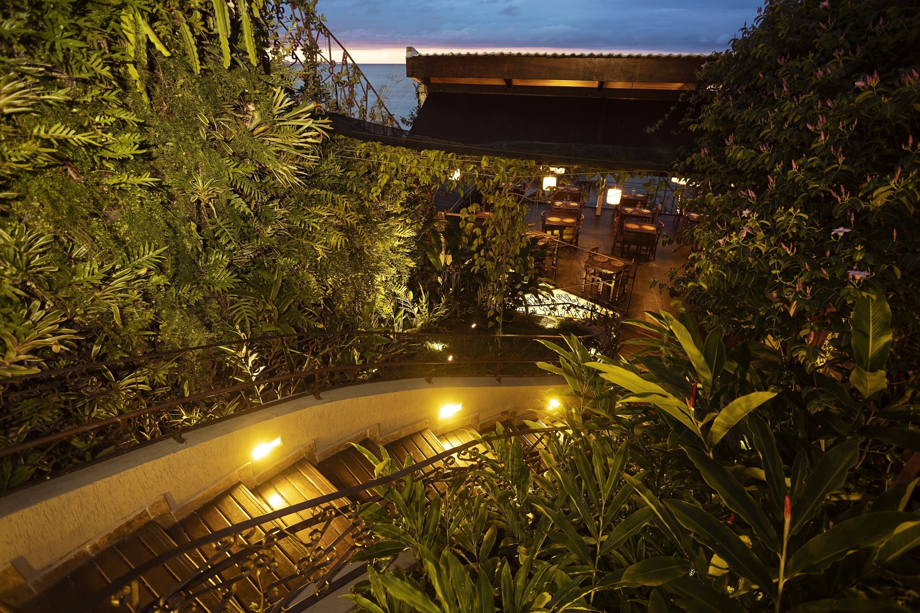 A lush indoor garden with a curved staircase leading to a dining area.