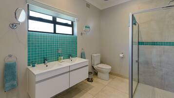 A bathroom with a white sink, two mirrors, a toilet, and a shower area.
