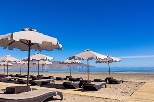 On the beach, beach cabanas, sun loungers, beach umbrellas