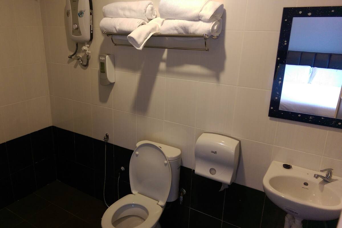 Shower, free toiletries, hair dryer, towels