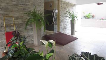 Enter a welcoming space with a glass door entrance, comfortable seating, and lush greenery.