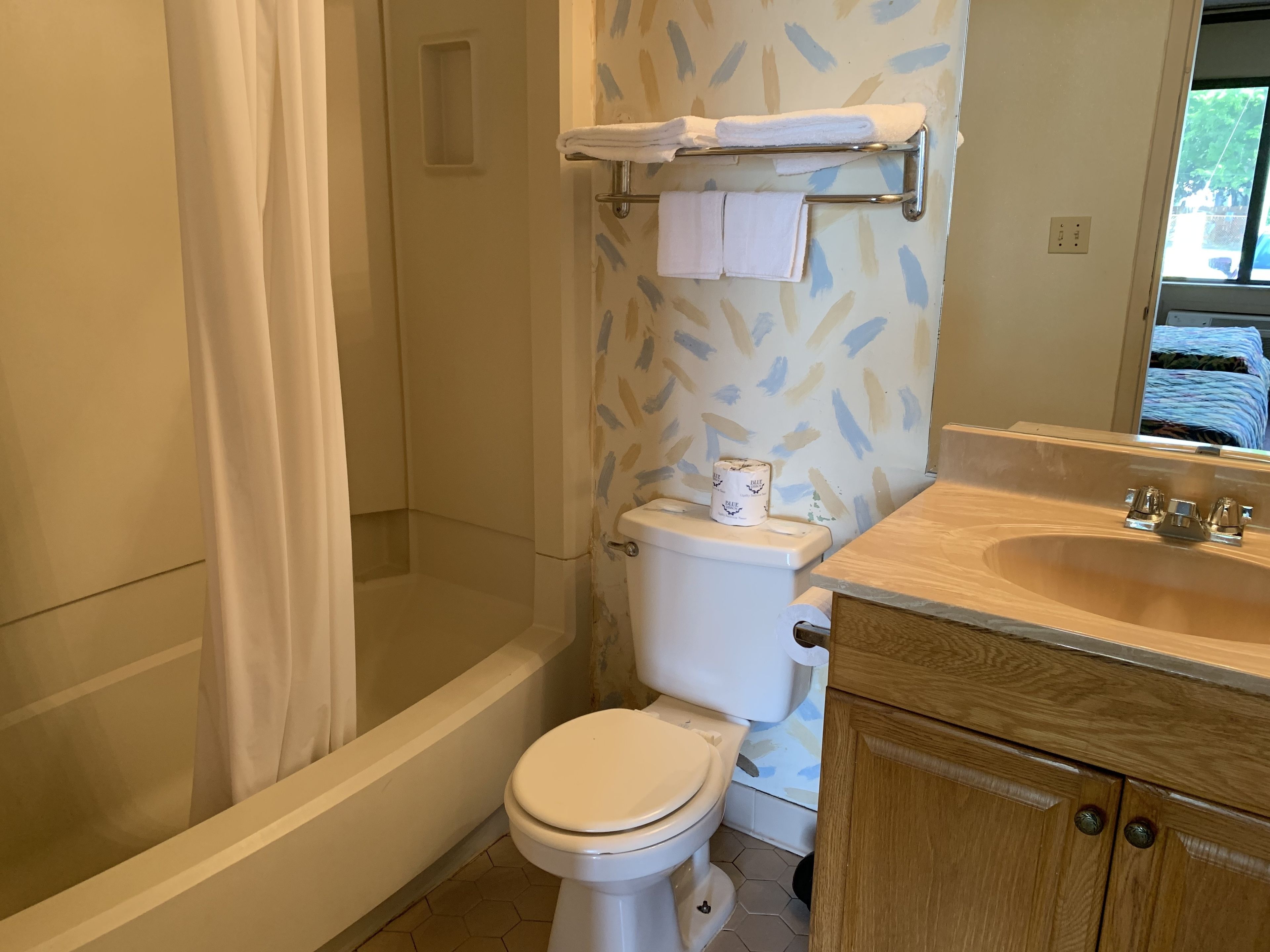 Combined shower/tub, hair dryer, towels