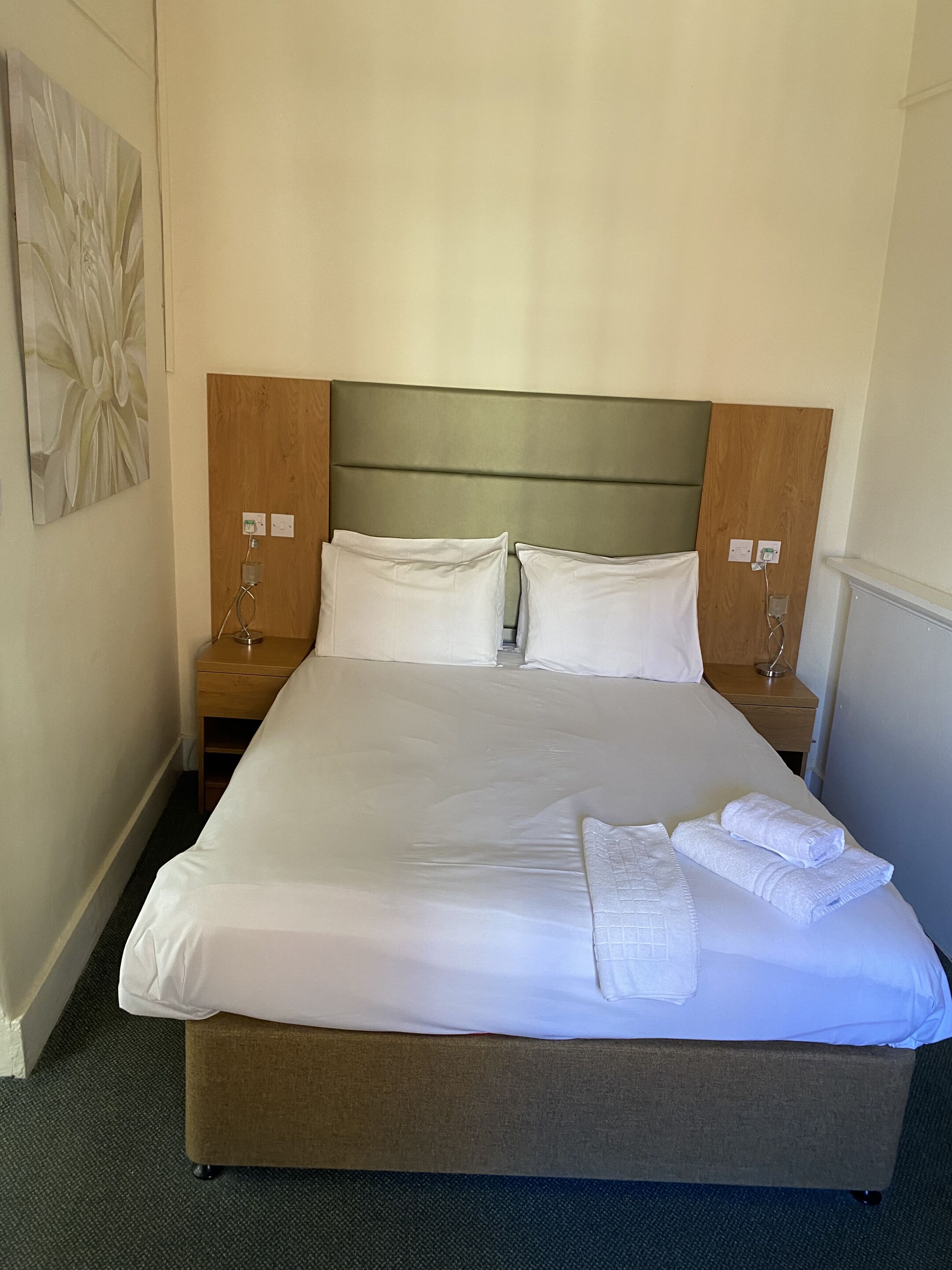 Una habitación de hotel con una cama grande, dos mesitas de noche, un cabecero de madera y una obra de arte colgada en la pared.