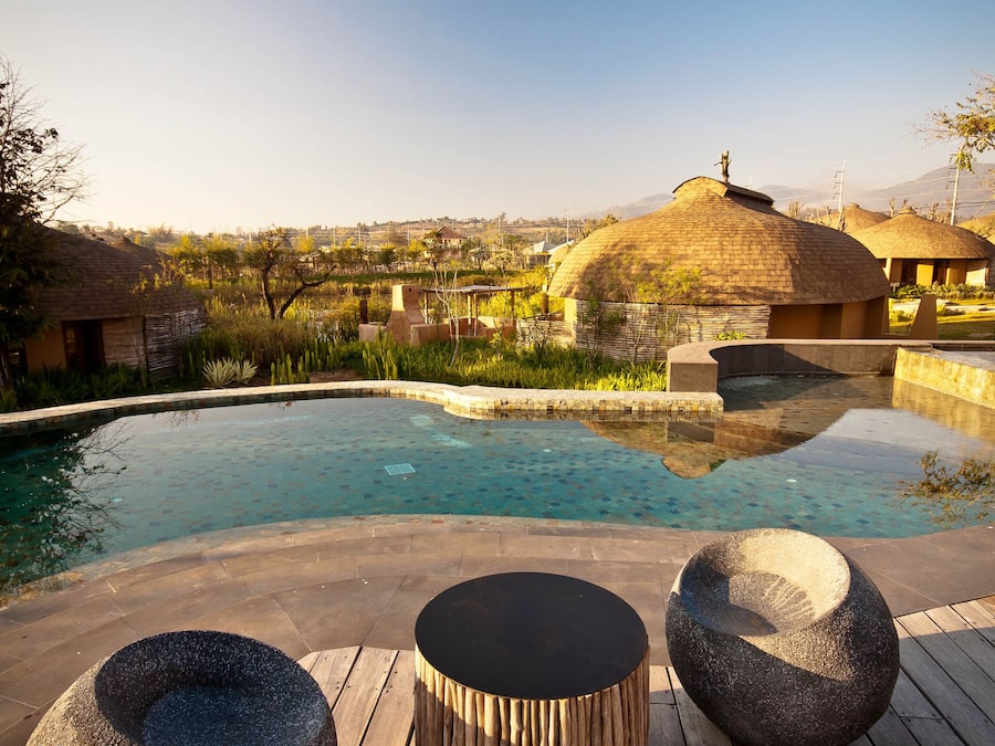 Outdoor pool, pool umbrellas, pool loungers