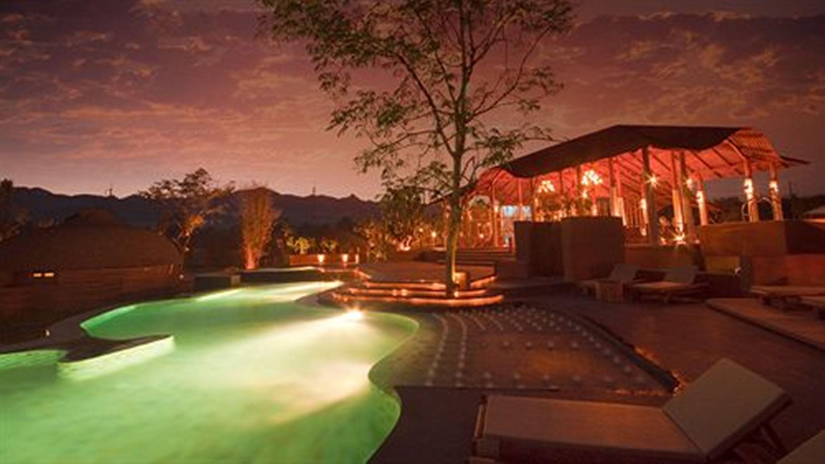 outdoor pool, pool umbrellas, pool loungers