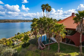 A modern house with a swimming pool, surrounded by palm trees and a lake.