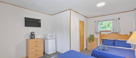 Habitación de hotel con dos camas, televisión, microondas, cómoda de madera y ventana con cortinas.