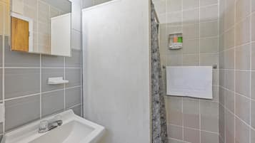 Un baño con lavamanos, espejo, cortina de ducha y toallero.