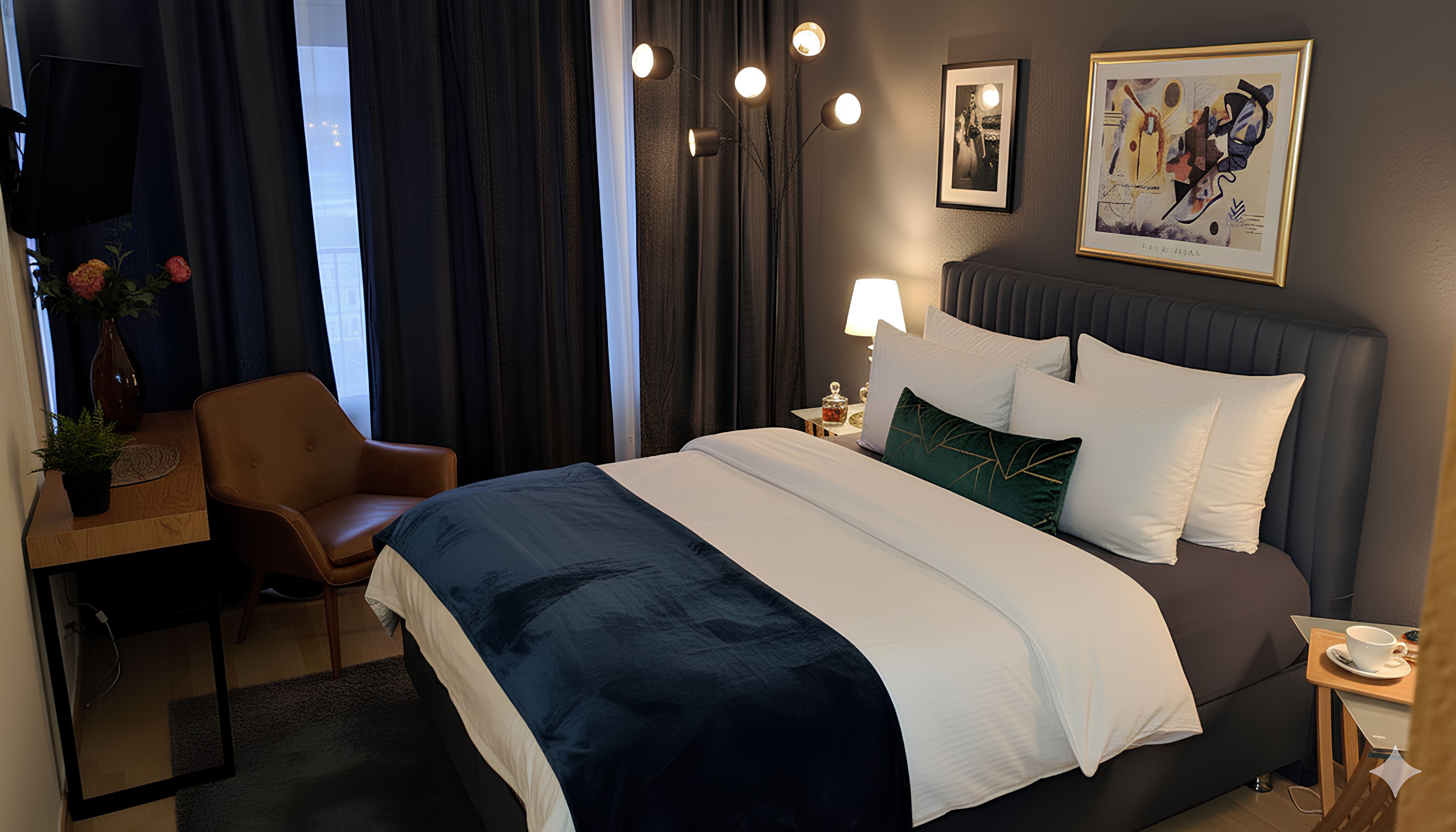 Une chambre d’hôtel avec un lit, un bureau, une chaise, une lampe et un tableau au mur.