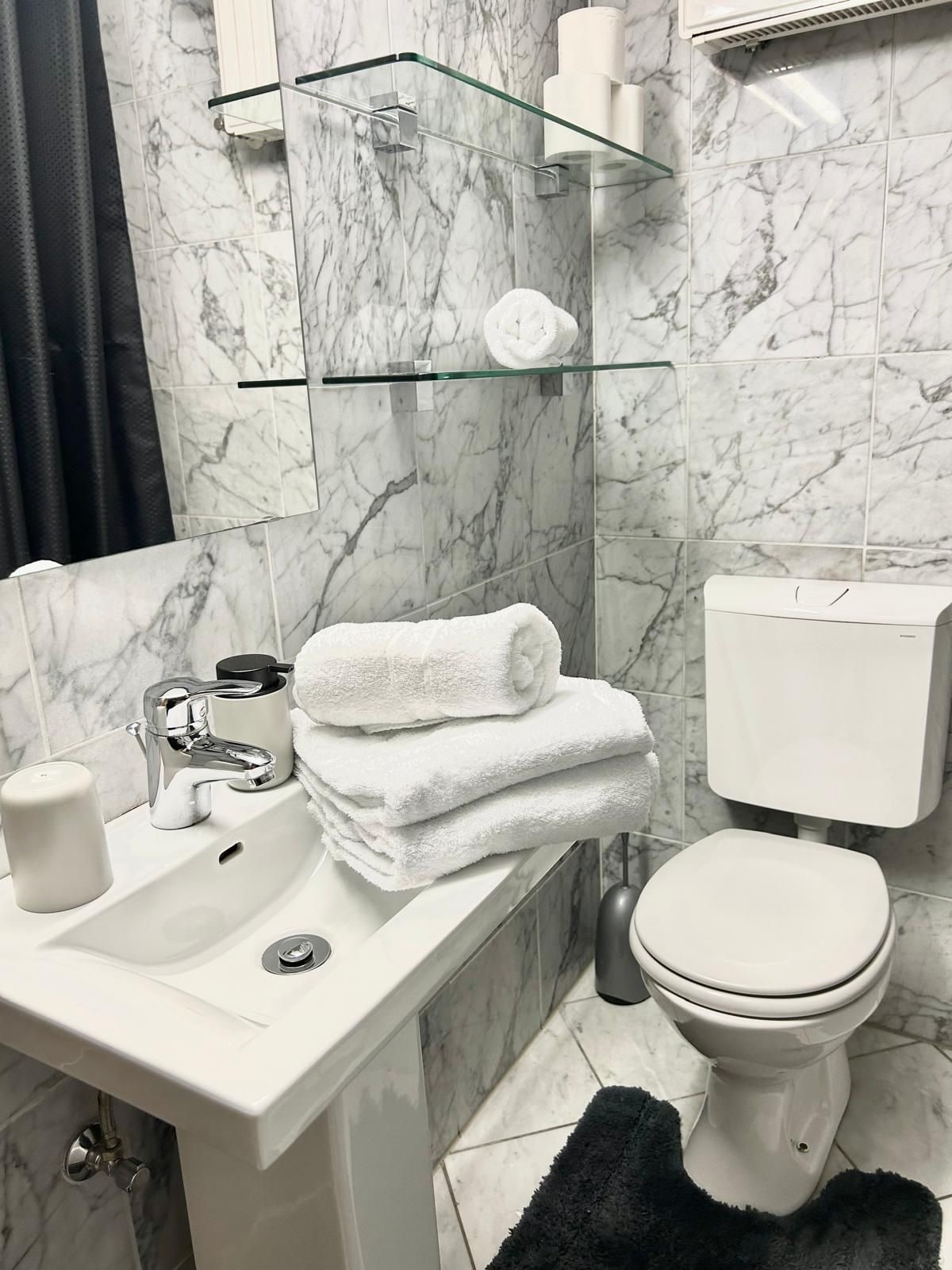 Ein Badezimmer mit Marmorwaschbecken, Toilette und einer Glasablage für Toilettenartikel.