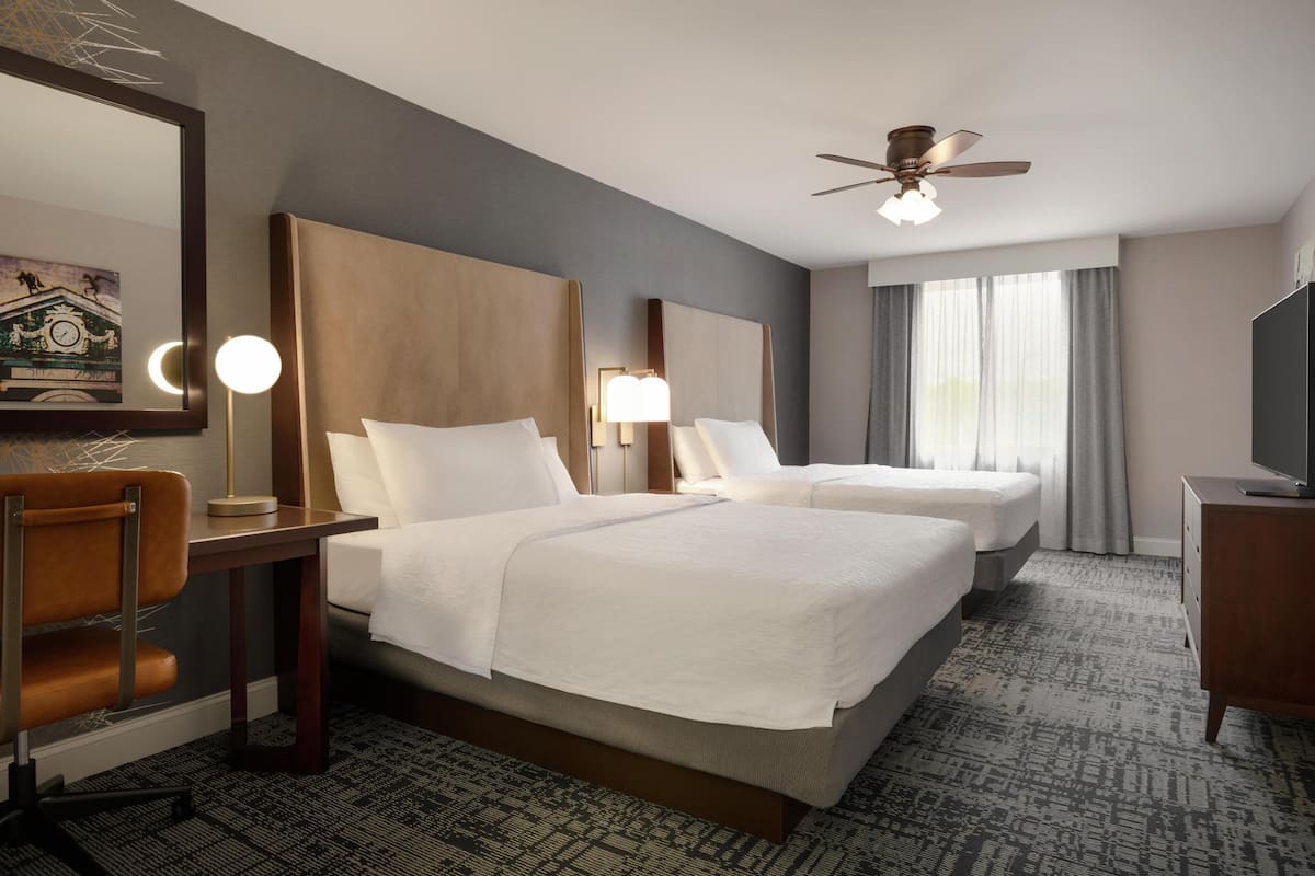 premium bedding, desk, blackout curtains, iron/ironing board