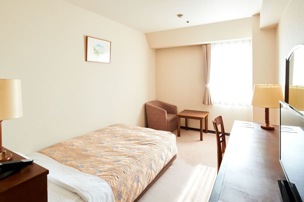 A hotel room with a bed, a desk, a chair, a TV, and a window with curtains.