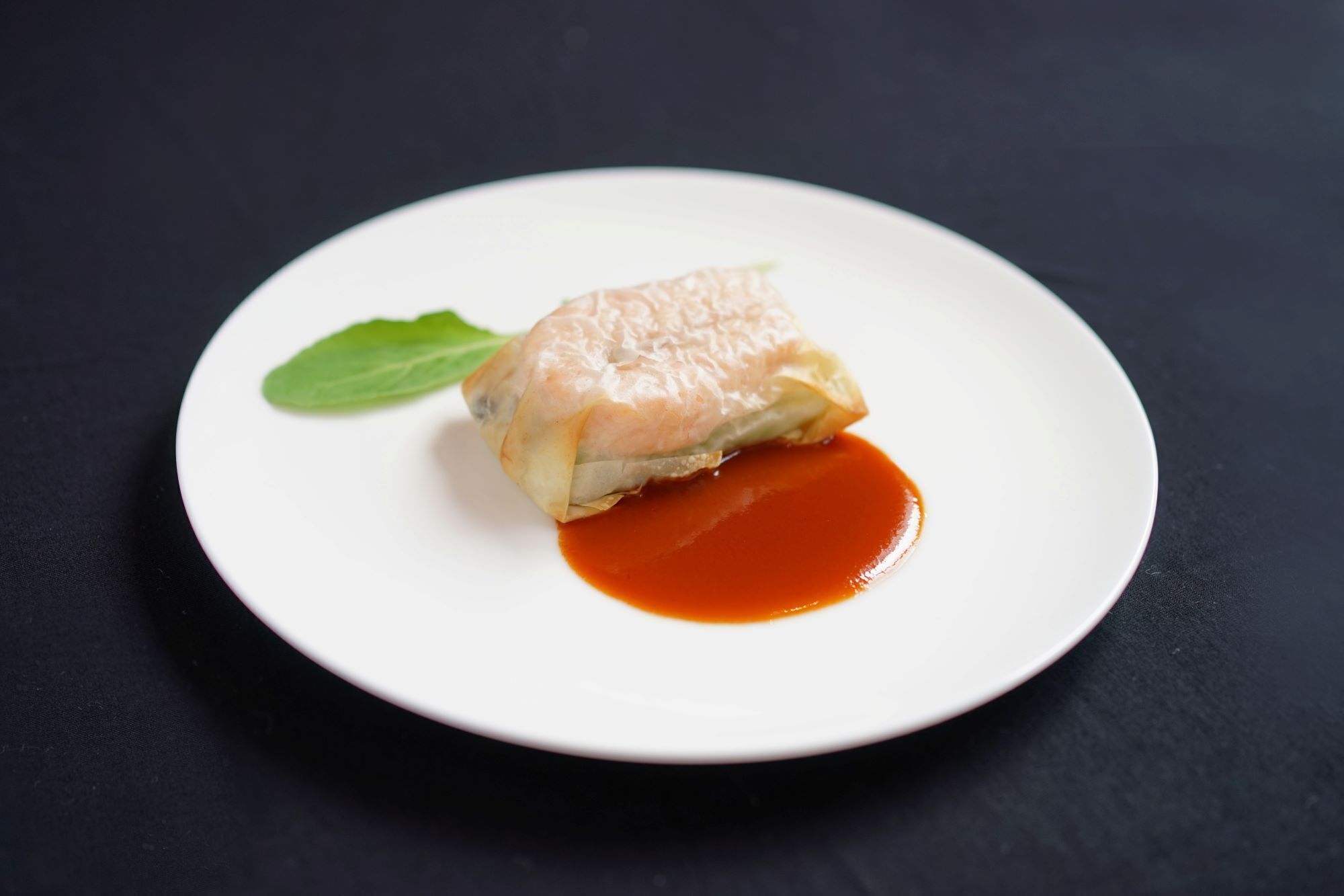 A single spring roll on a white plate with a small amount of sauce.