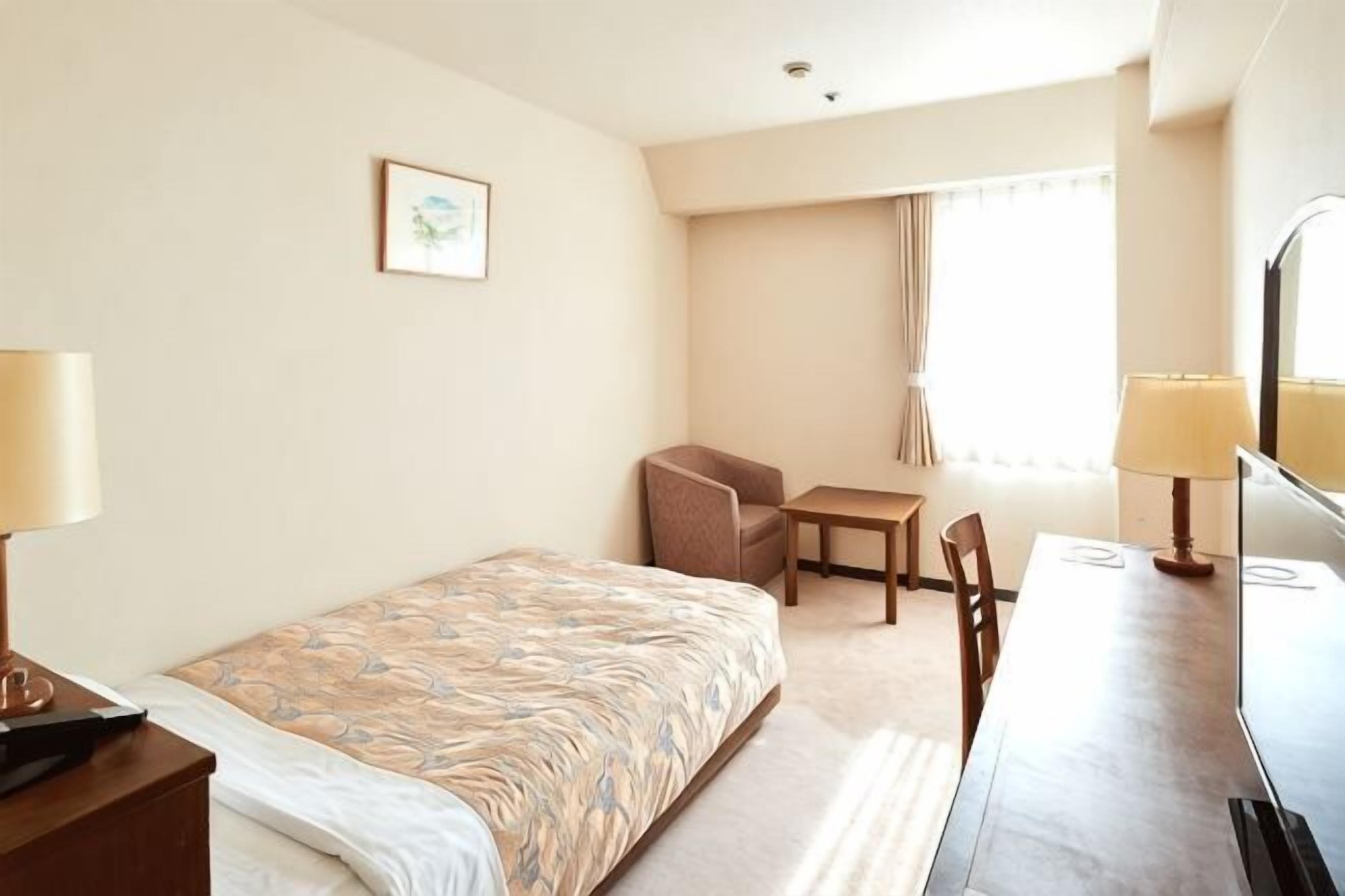 A hotel room with a bed, a desk, a chair, a TV, and a window with curtains.