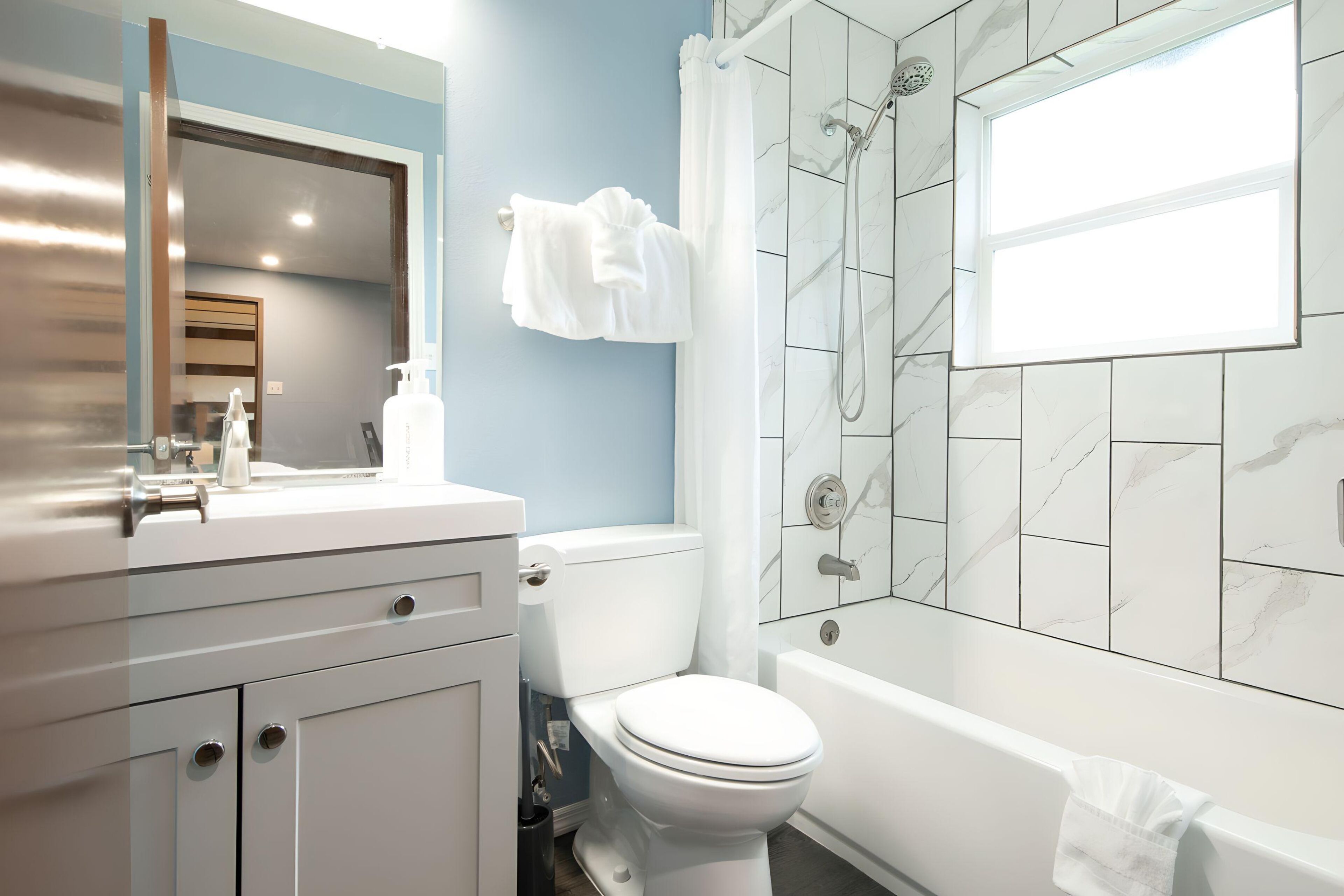 combined shower/bathtub, free toiletries, hair dryer, towels