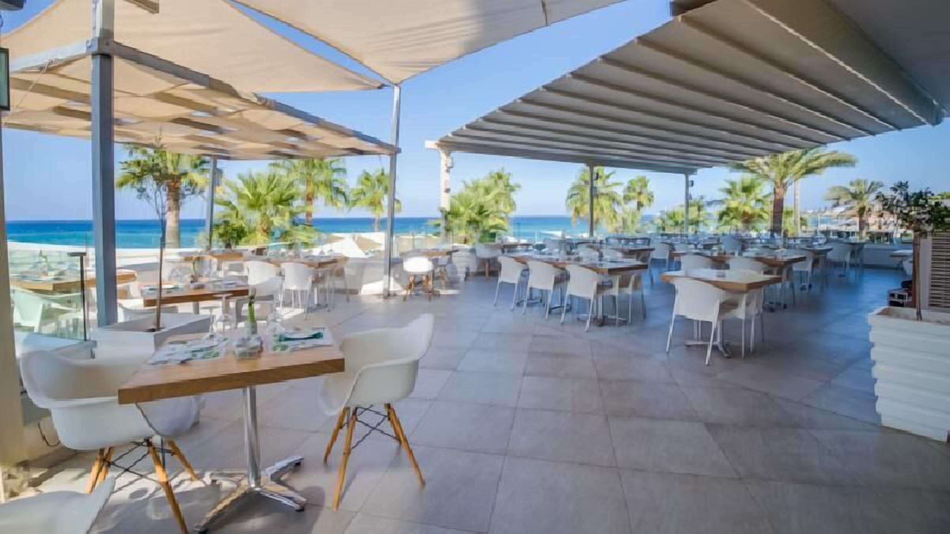 Un espace de restauration en plein air avec des tables et des chaises, des palmiers et une vue sur l’océan.