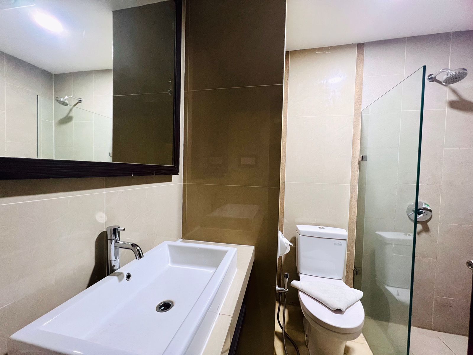 Une salle de bain avec un lavabo blanc, des toilettes et une douche à parois de verre.