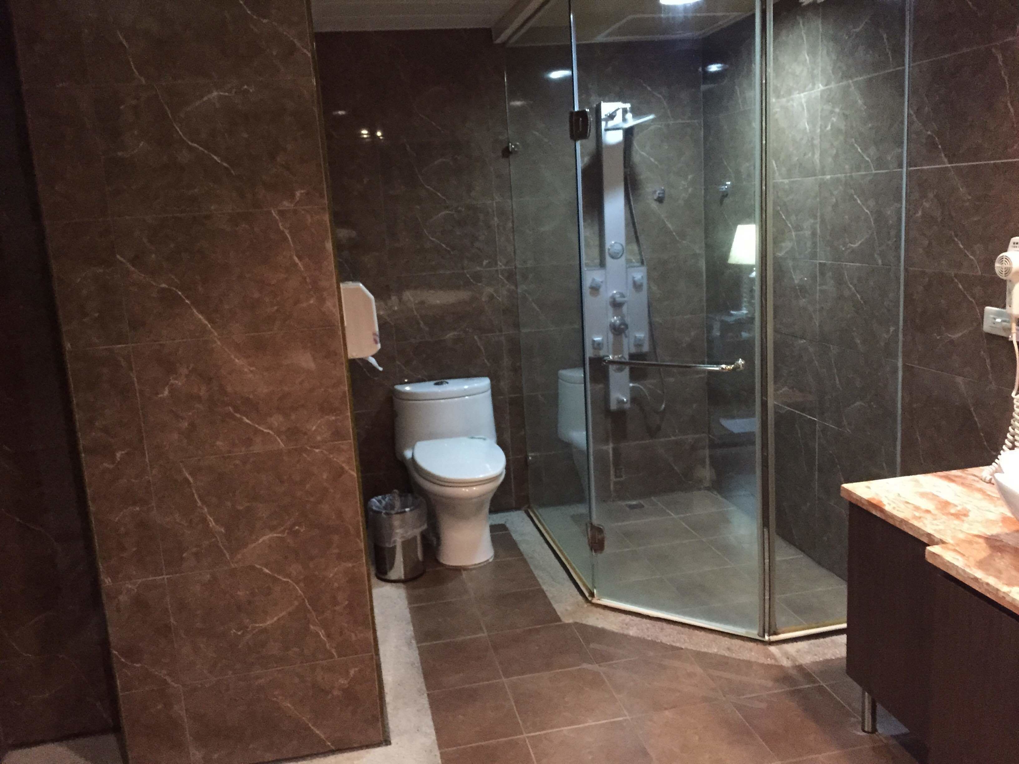 Separate tub and shower, deep soaking tub, hydromassage showerhead