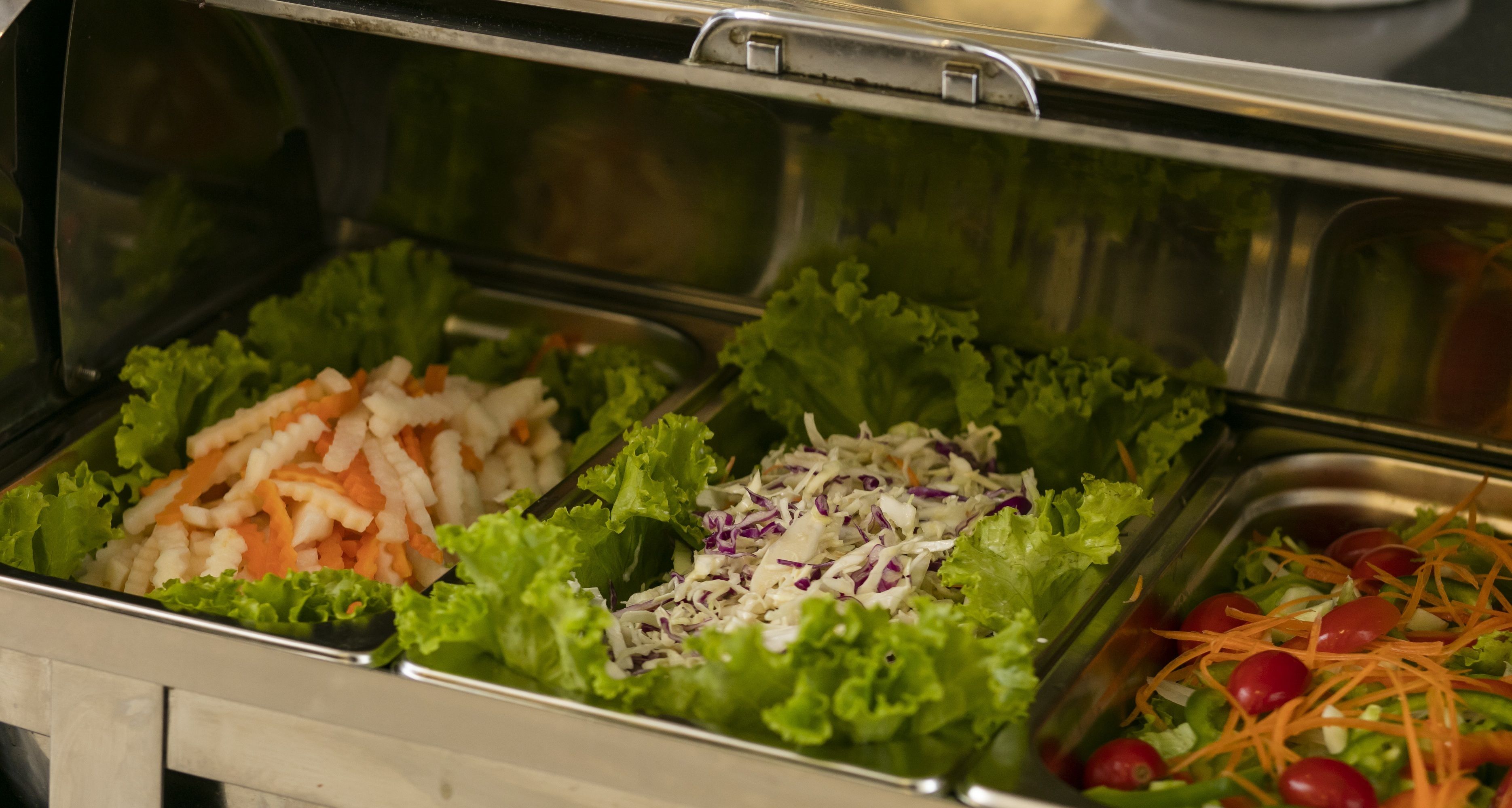 A buffet with various salads including lettuce, shredded carrots, and coleslaw.