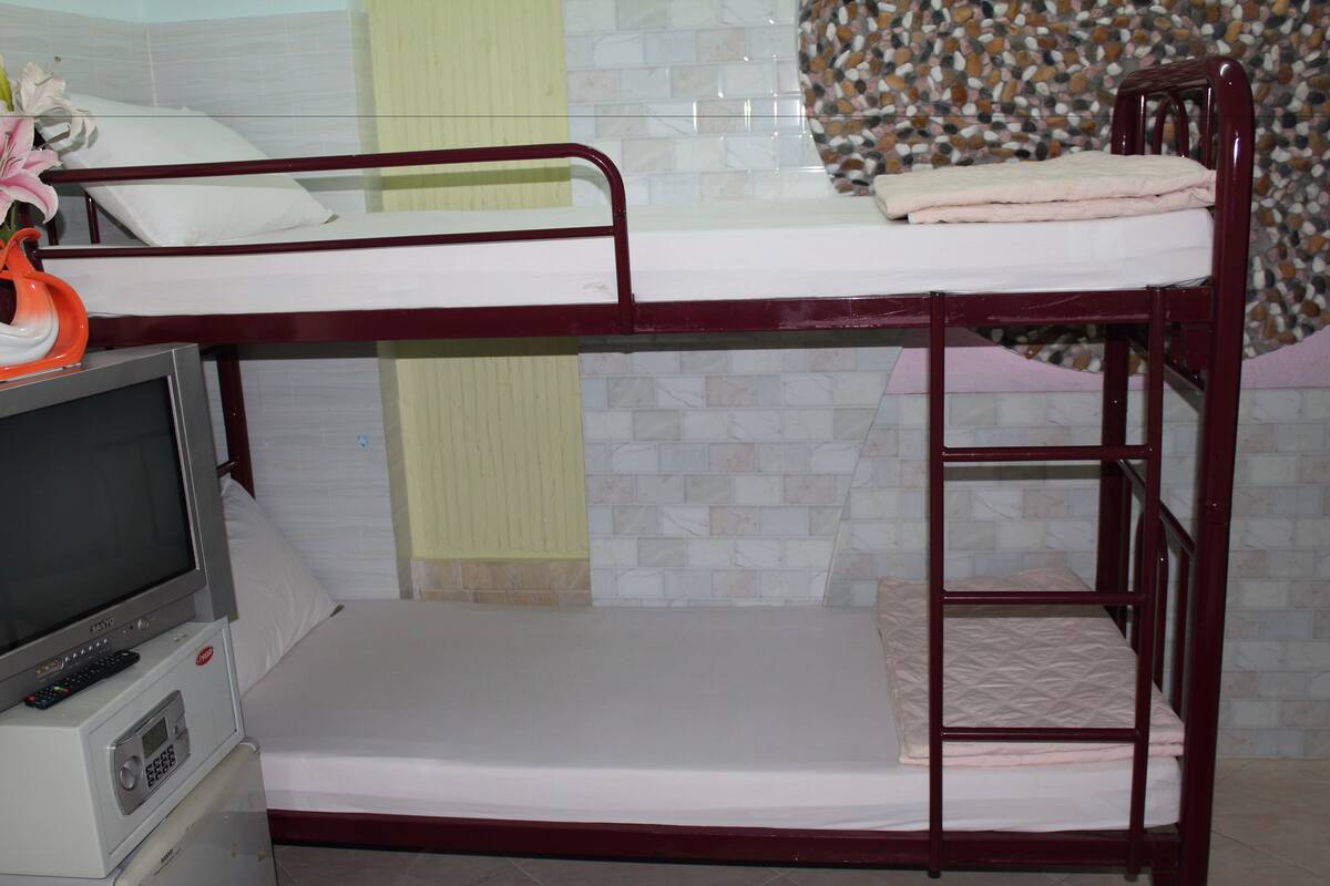 Habitación con literas, un televisor sobre un mueble, un florero con flores y una cortina estampada.