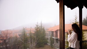 Eine Person steht auf einem Balkon mit Blick auf ein Gebäude mit roten Dächern und Bäumen.