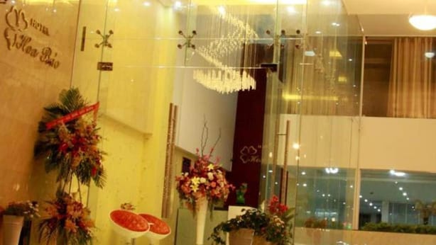 Un espace d’accueil avec une cloison en verre, un lustre et diverses plantes en pot.