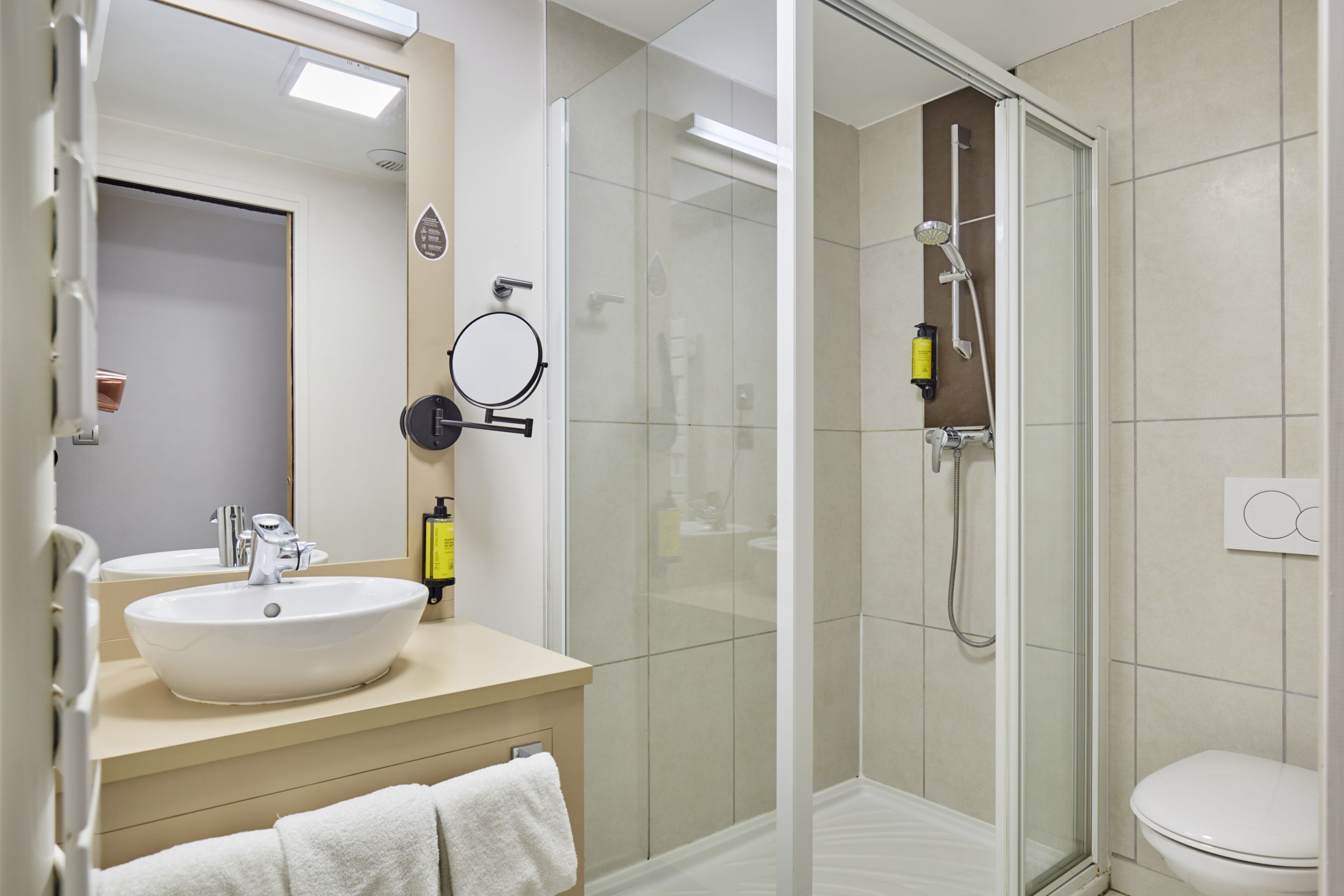 A modern bathroom with a large sink, mirror, and glass-enclosed shower.