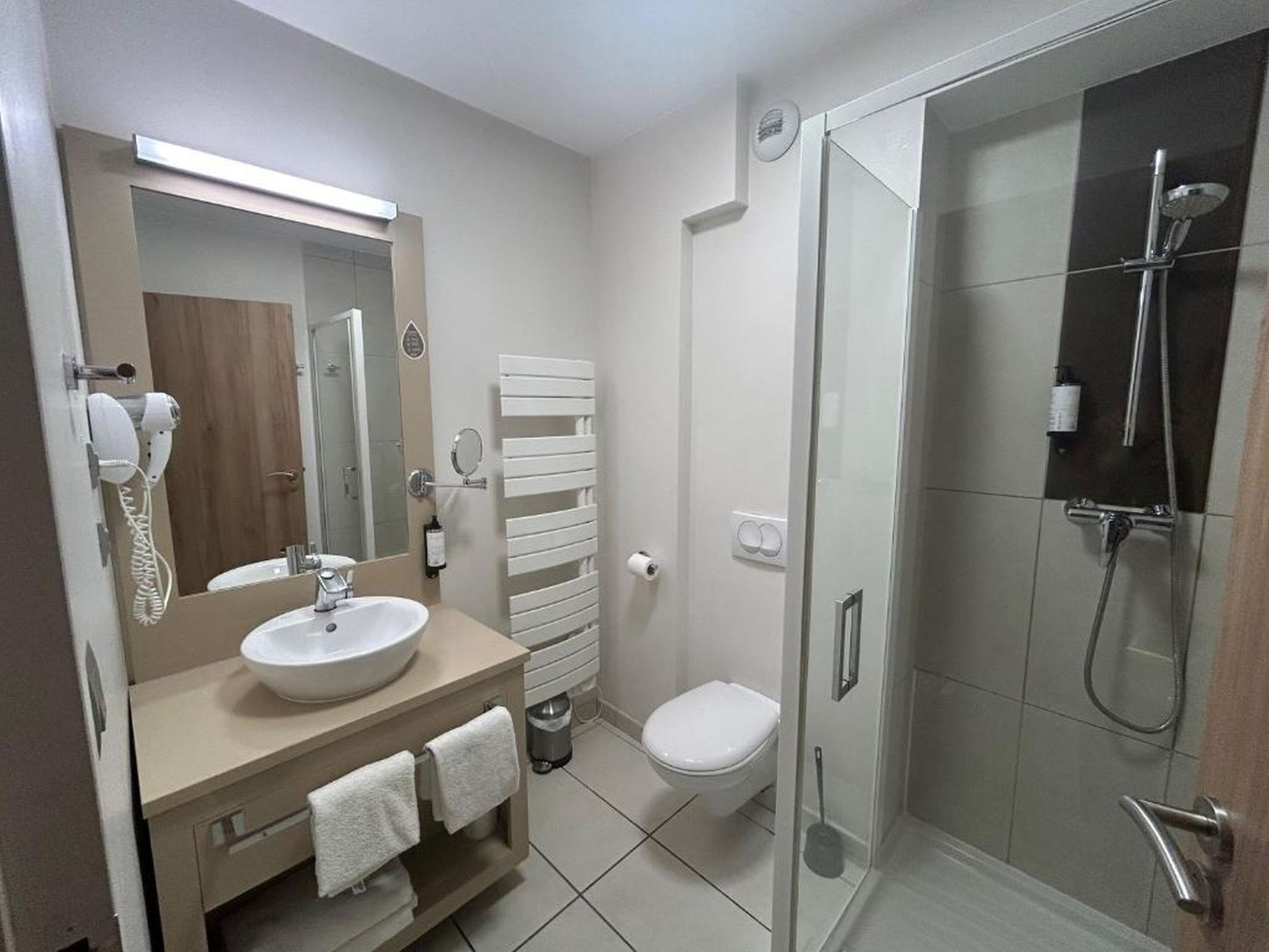 A modern bathroom with a sink, mirror, towel rack, toilet, and a glass-enclosed shower area.