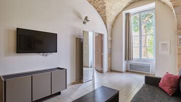 Un salon moderne avec un téléviseur à écran plat, un canapé, une table basse et une arche en pierre.