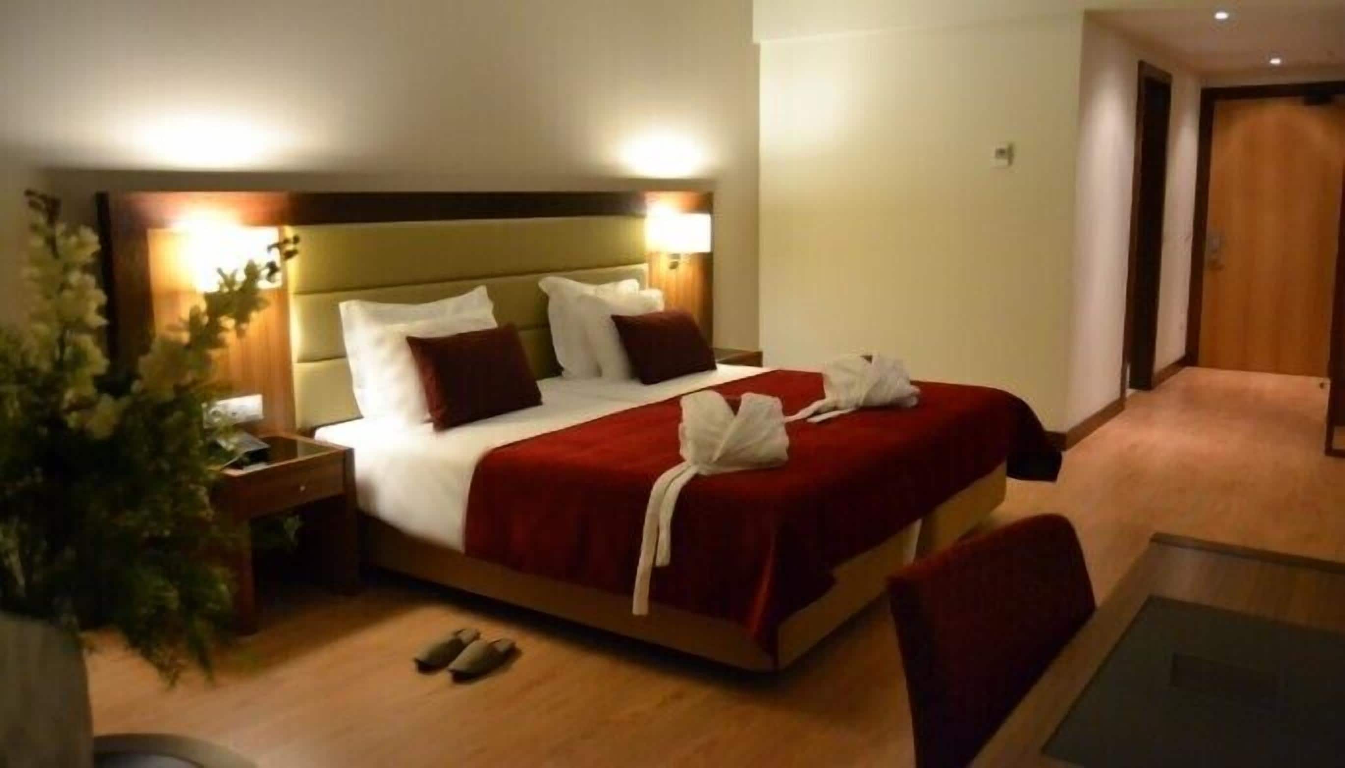 Una habitación de hotel con cama, mesitas de noche, una silla, una planta y una puerta.
