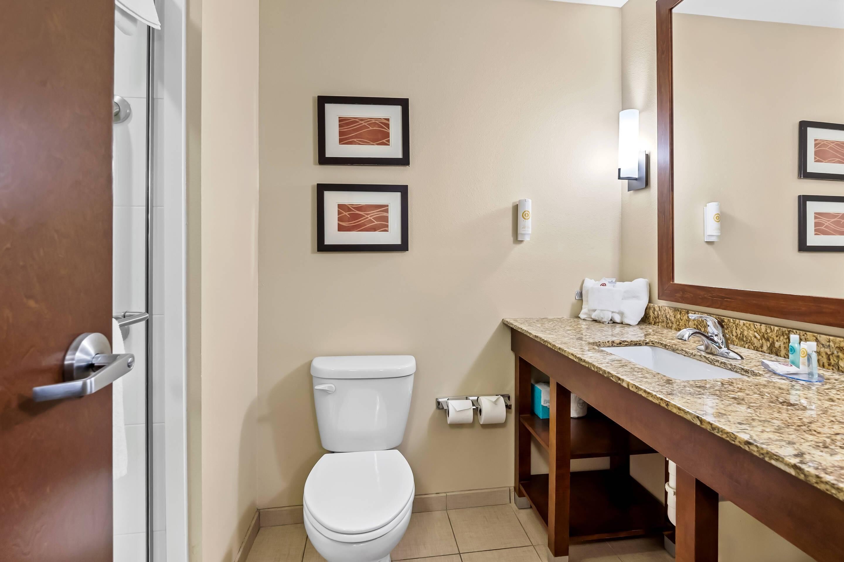 Une salle de bain avec des toilettes, un lavabo et un miroir. Deux tableaux encadrés sont accrochés au mur.
