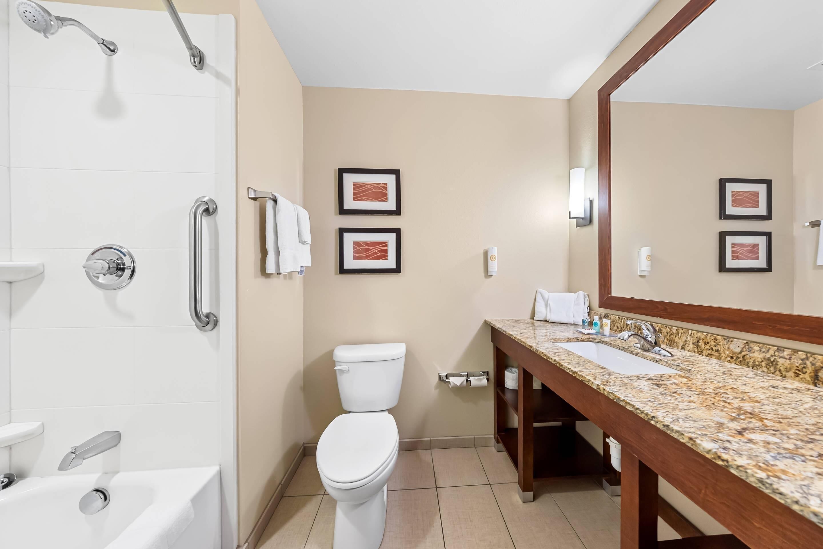 A modern bathroom with a walk-in shower, a toilet, a sink with a marble countertop, and framed artwork on the walls.