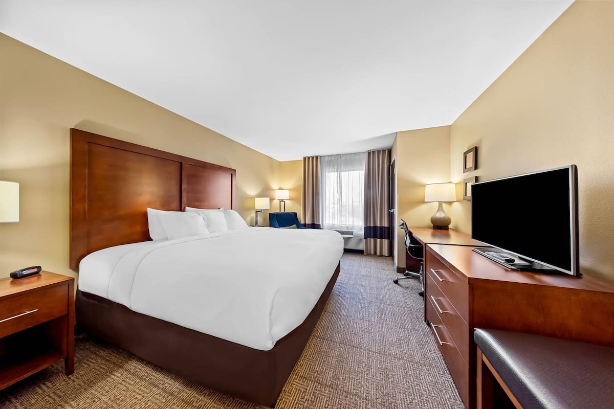 A hotel room with a large bed, a desk with a flat-screen TV, a chair, and a lamp.