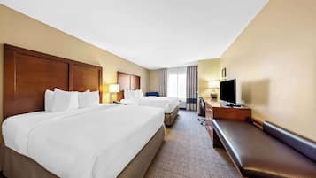 Premium bedding, pillowtop beds, desk, blackout drapes